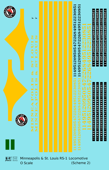 Minneapolis and St Louis ALCO RS1 Diesel Locomotive Yellow Scheme 2, Dark Green Loco - Decal - Choose Scale