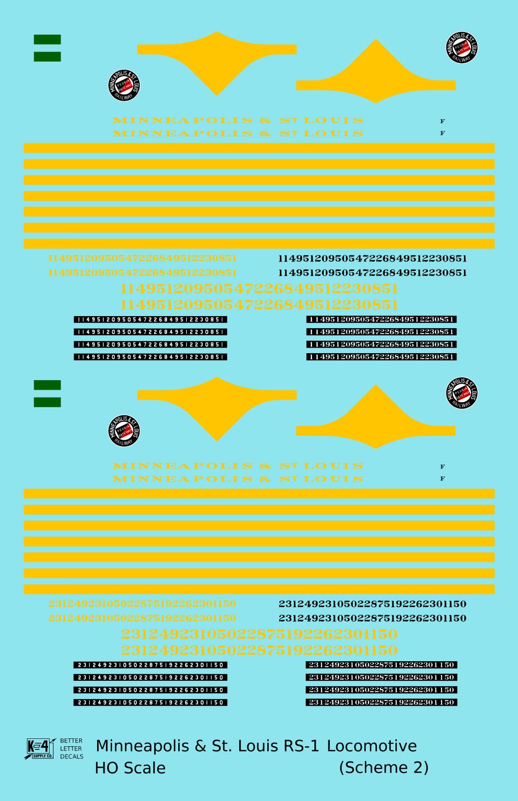 Minneapolis and St Louis ALCO RS1 Diesel Locomotive Yellow Scheme 2, Dark Green Loco - Decal - Choose Scale
