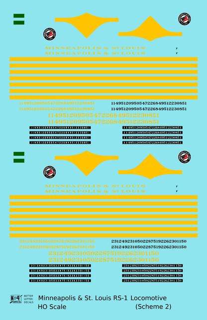 Minneapolis and St Louis ALCO RS1 Diesel Locomotive Yellow Scheme 2, Dark Green Loco - Decal - Choose Scale