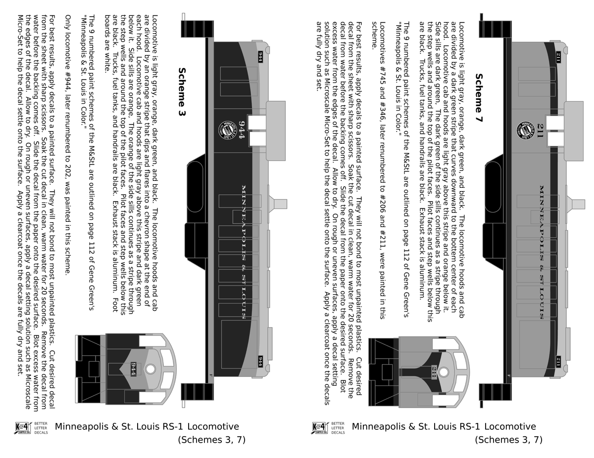 Minneapolis and St Louis ALCO RS1 Diesel Locomotive  Schemes 3 and 7 Orange and Green Locos - Decal