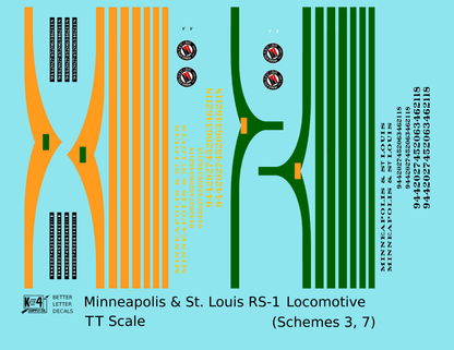 Minneapolis and St Louis ALCO RS1 Diesel Locomotive  Schemes 3 and 7 Orange and Green Locos - Decal - Choose Scale