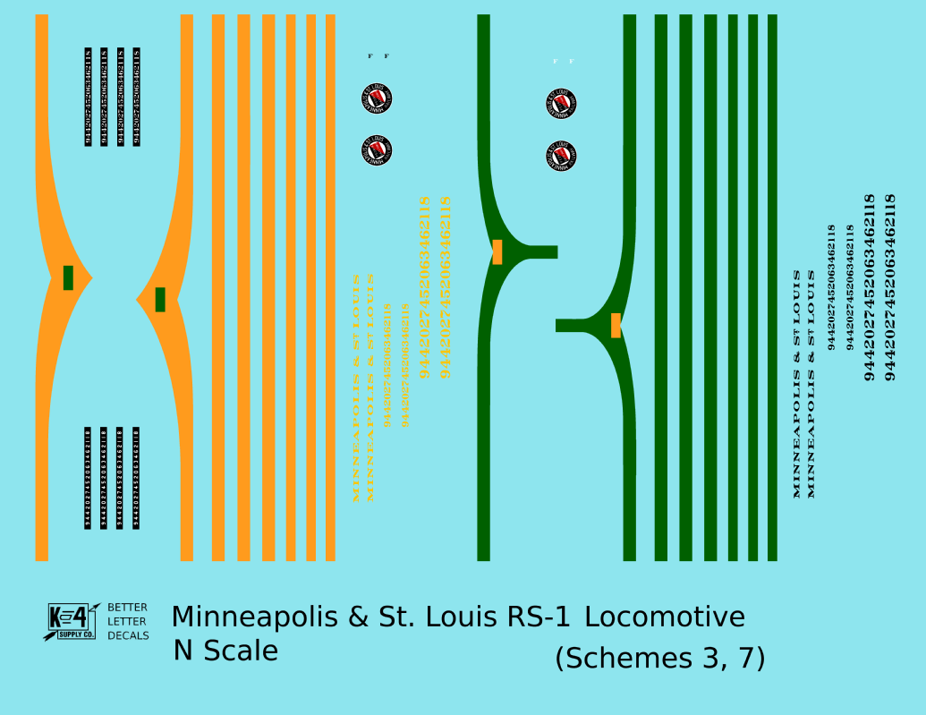 Minneapolis and St Louis ALCO RS1 Diesel Locomotive  Schemes 3 and 7 Orange and Green Locos - Decal - Choose Scale