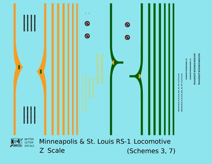 Minneapolis and St Louis ALCO RS1 Diesel Locomotive  Schemes 3 and 7 Orange and Green Locos - Decal - Choose Scale