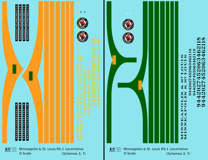Minneapolis and St Louis ALCO RS1 Diesel Locomotive  Schemes 3 and 7 Orange and Green Locos - Decal - Choose Scale