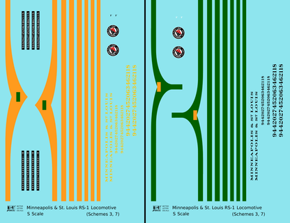 Minneapolis and St Louis ALCO RS1 Diesel Locomotive  Schemes 3 and 7 Orange and Green Locos - Decal - Choose Scale