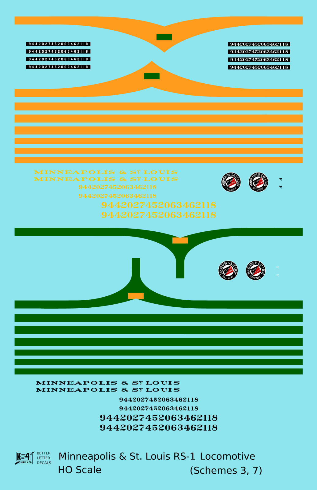 Minneapolis and St Louis ALCO RS1 Diesel Locomotive  Schemes 3 and 7 Orange and Green Locos - Decal - Choose Scale