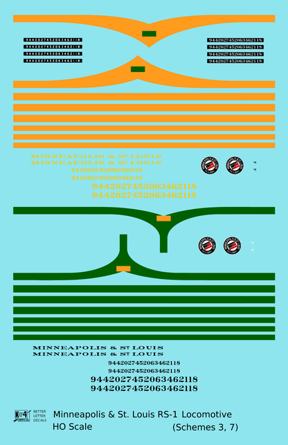 Minneapolis and St Louis ALCO RS1 Diesel Locomotive  Schemes 3 and 7 Orange and Green Locos - Decal - Choose Scale