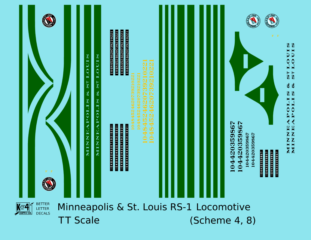 Minneapolis and St Louis ALCO RS1 Diesel Locomotive Green Schemes 4 and 8, Yellow Locos - Decal - Choose Scale