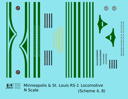 Minneapolis and St Louis ALCO RS1 Diesel Locomotive Green Schemes 4 and 8, Yellow Locos - Decal - Choose Scale