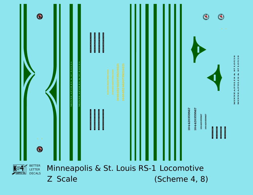 Minneapolis and St Louis ALCO RS1 Diesel Locomotive Green Schemes 4 and 8, Yellow Locos - Decal - Choose Scale