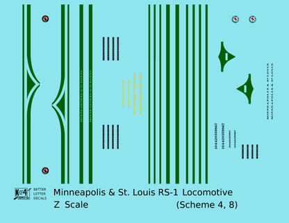 Minneapolis and St Louis ALCO RS1 Diesel Locomotive Green Schemes 4 and 8, Yellow Locos - Decal - Choose Scale