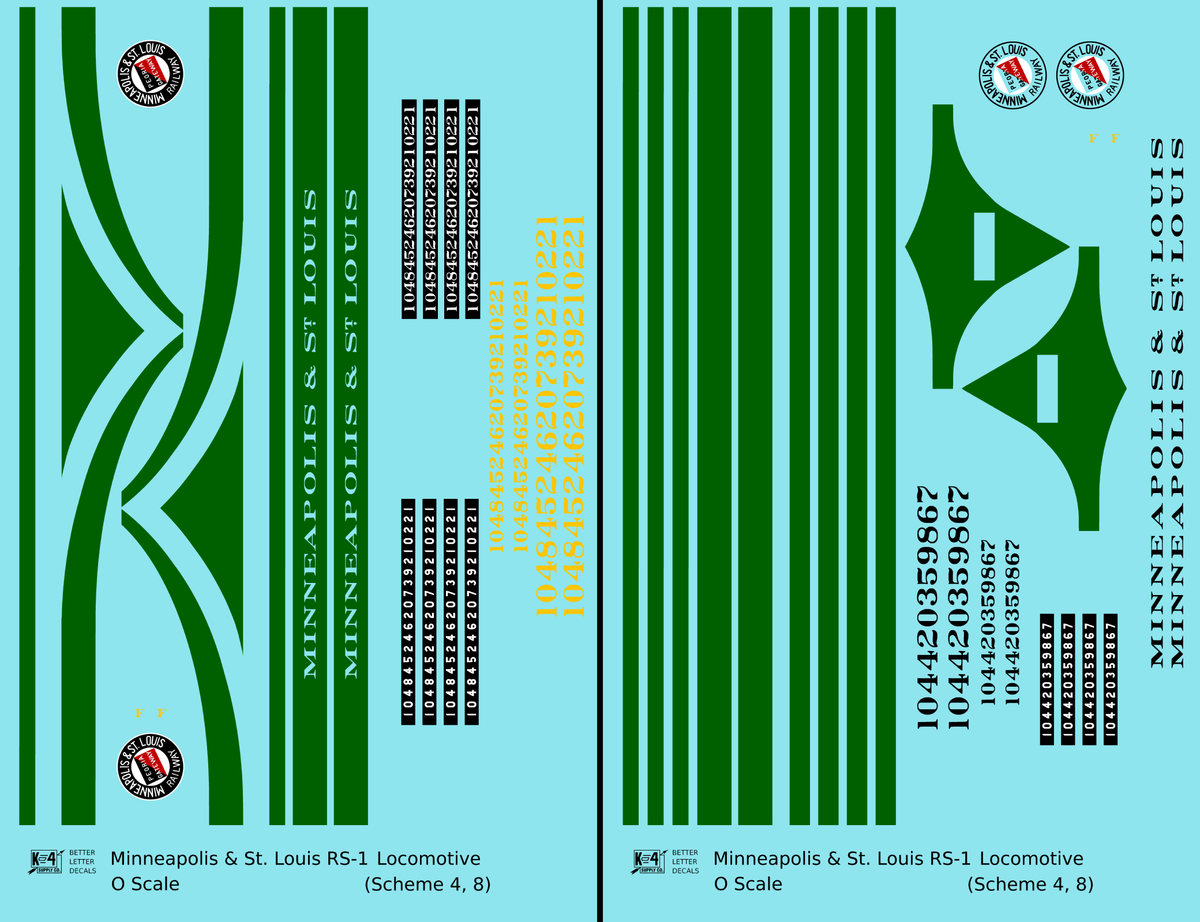 Minneapolis and St Louis ALCO RS1 Diesel Locomotive Green Schemes 4 and 8, Yellow Locos - Decal - Choose Scale
