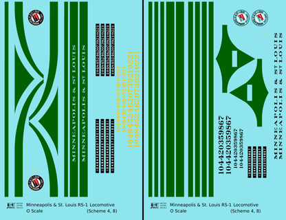 Minneapolis and St Louis ALCO RS1 Diesel Locomotive Green Schemes 4 and 8, Yellow Locos - Decal - Choose Scale
