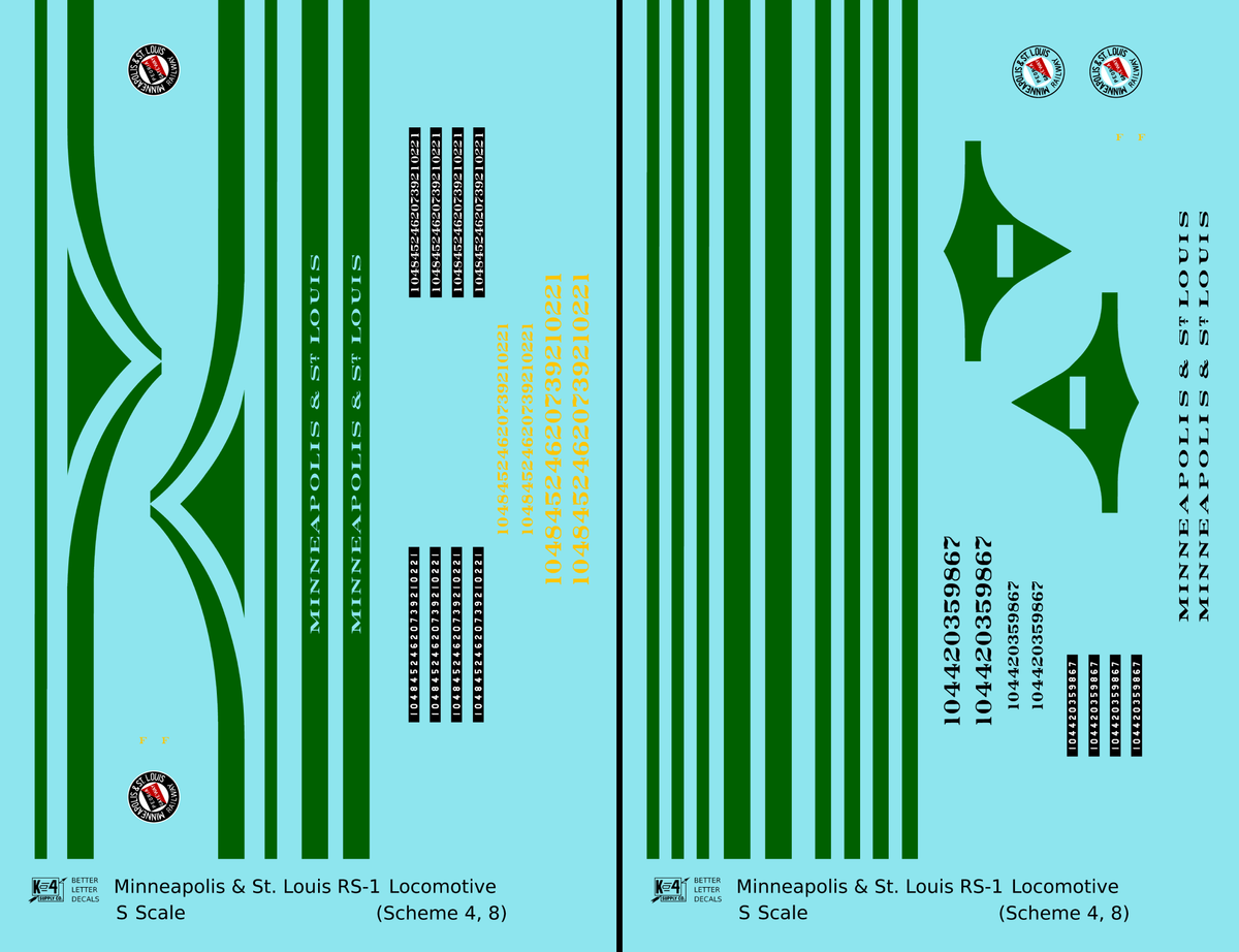 Minneapolis and St Louis ALCO RS1 Diesel Locomotive Green Schemes 4 and 8, Yellow Locos - Decal - Choose Scale