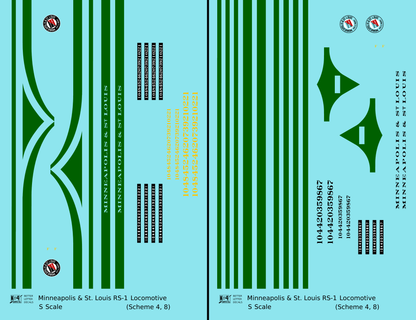 Minneapolis and St Louis ALCO RS1 Diesel Locomotive Green Schemes 4 and 8, Yellow Locos - Decal - Choose Scale