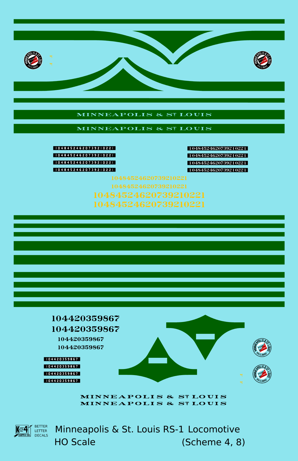 Minneapolis and St Louis ALCO RS1 Diesel Locomotive Green Schemes 4 and 8, Yellow Locos - Decal - Choose Scale