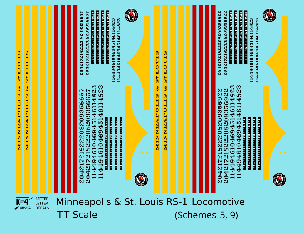 Minneapolis and St Louis ALCO RS1 Diesel Locomotive Yellow Schemes 5 and 9, Dark Green Locos - Decal - Choose Scale