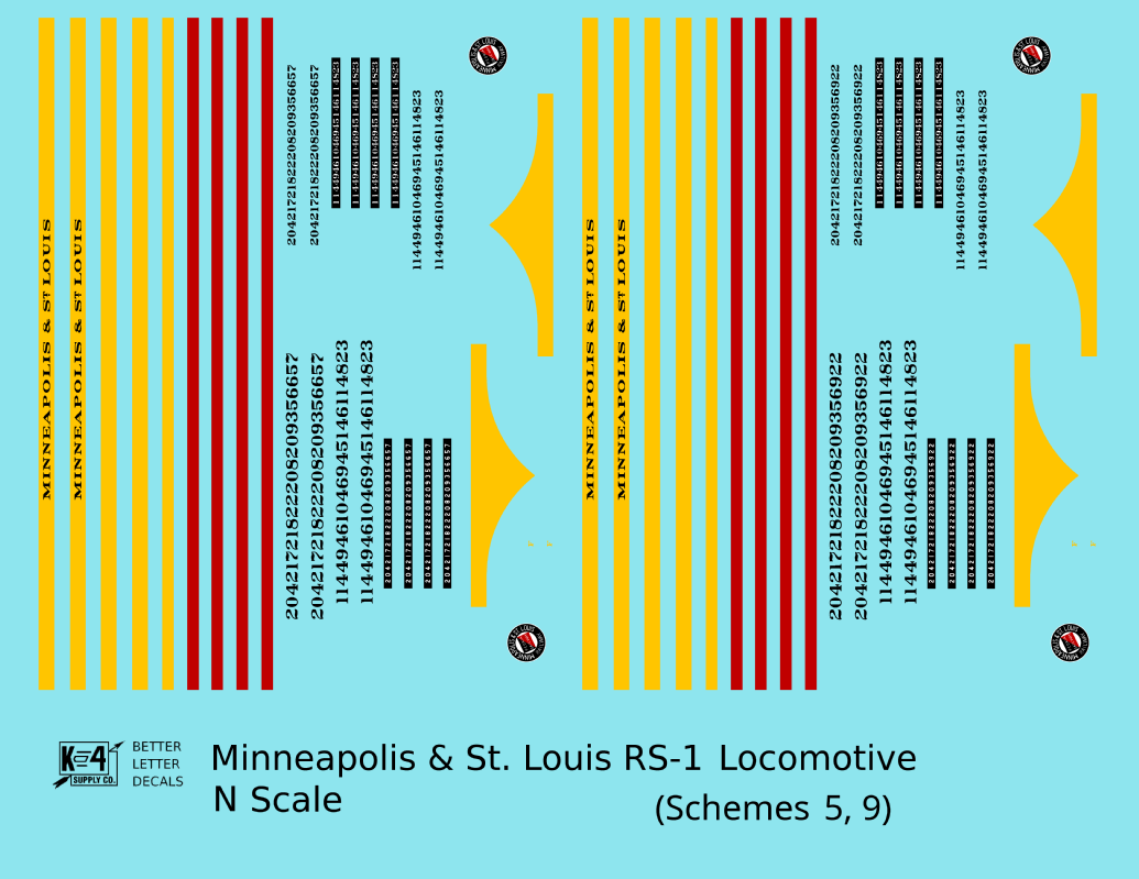 Minneapolis and St Louis ALCO RS1 Diesel Locomotive Yellow Schemes 5 and 9, Dark Green Locos - Decal - Choose Scale
