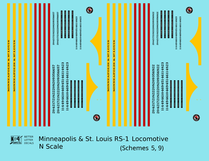Minneapolis and St Louis ALCO RS1 Diesel Locomotive Yellow Schemes 5 and 9, Dark Green Locos - Decal - Choose Scale
