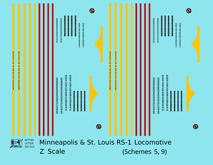 Minneapolis and St Louis ALCO RS1 Diesel Locomotive Yellow Schemes 5 and 9, Dark Green Locos - Decal - Choose Scale