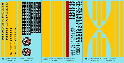 Minneapolis and St Louis ALCO RS1 Diesel Locomotive Yellow Schemes 5 and 9, Dark Green Locos - Decal - Choose Scale