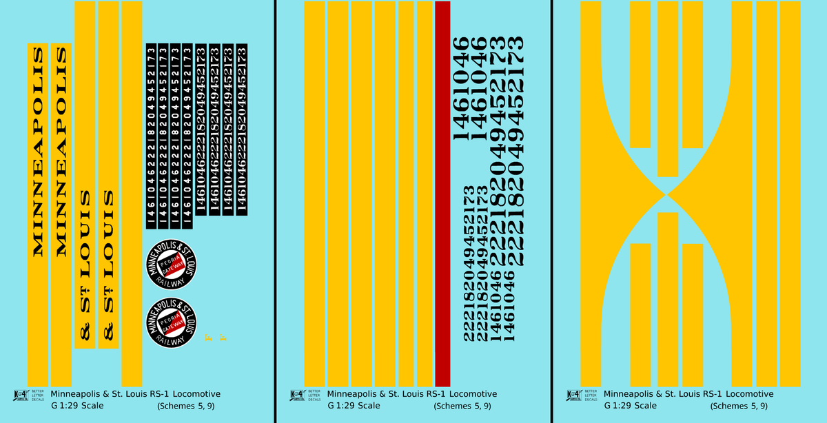Minneapolis and St Louis ALCO RS1 Diesel Locomotive Yellow Schemes 5 and 9, Dark Green Locos - Decal - Choose Scale