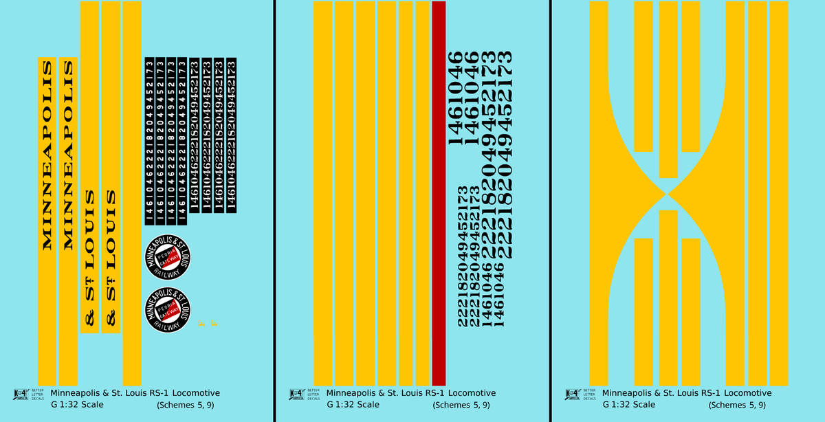 Minneapolis and St Louis ALCO RS1 Diesel Locomotive Yellow Schemes 5 and 9, Dark Green Locos - Decal - Choose Scale