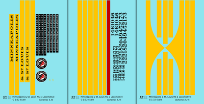Minneapolis and St Louis ALCO RS1 Diesel Locomotive Yellow Schemes 5 and 9, Dark Green Locos - Decal - Choose Scale