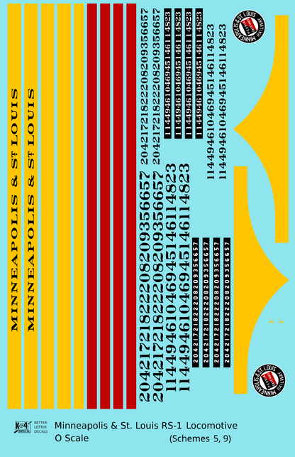 Minneapolis and St Louis ALCO RS1 Diesel Locomotive Yellow Schemes 5 and 9, Dark Green Locos - Decal Sheet