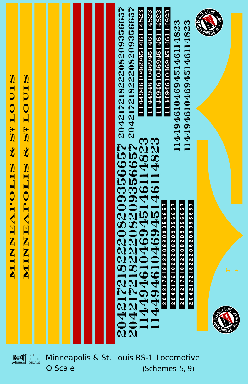 Minneapolis and St Louis ALCO RS1 Diesel Locomotive Yellow Schemes 5 and 9, Dark Green Locos - Decal - Choose Scale