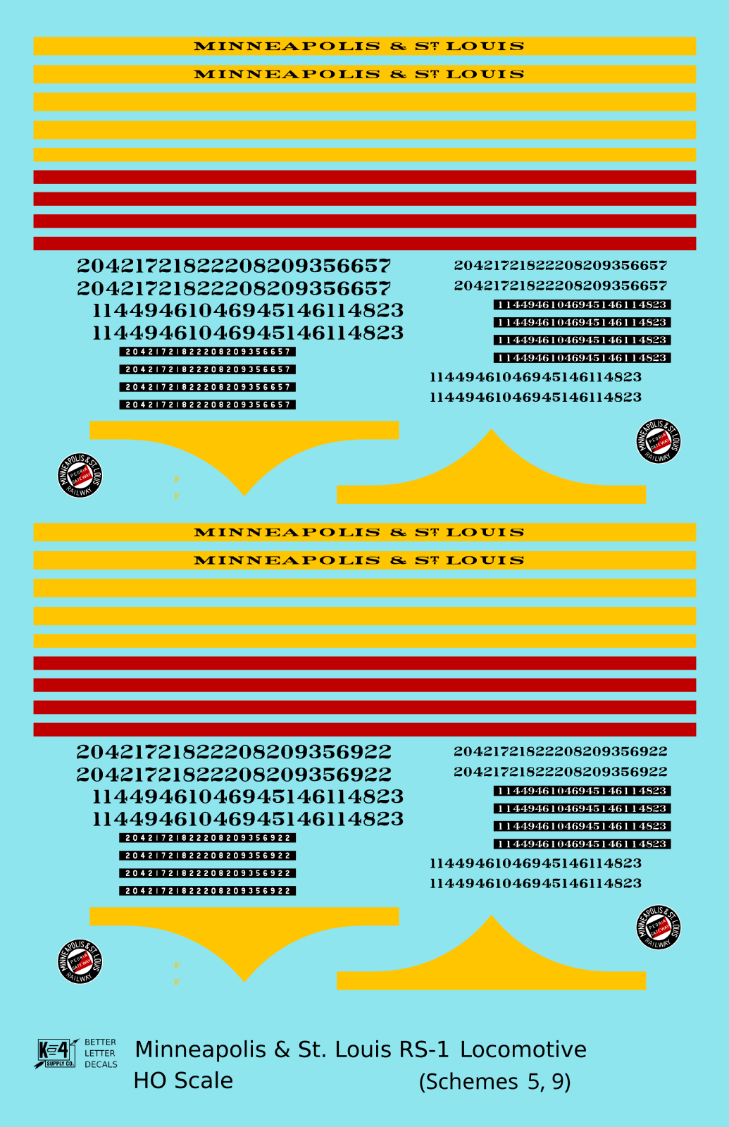 Minneapolis and St Louis ALCO RS1 Diesel Locomotive Yellow Schemes 5 and 9, Dark Green Locos - Decal - Choose Scale