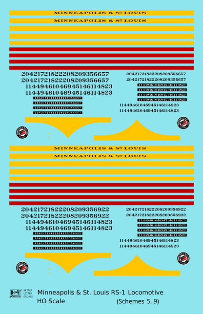 Minneapolis and St Louis ALCO RS1 Diesel Locomotive Yellow Schemes 5 and 9, Dark Green Locos - Decal - Choose Scale