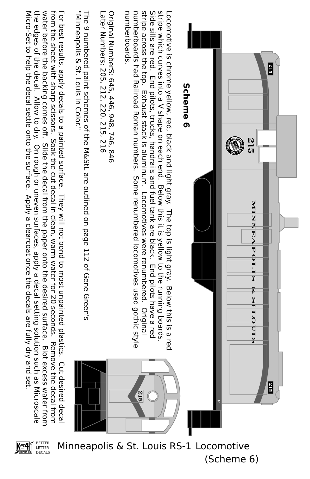 Minneapolis and St Louis ALCO RS1 Diesel Locomotive Red Scheme 6, Yellow Loco - Decal