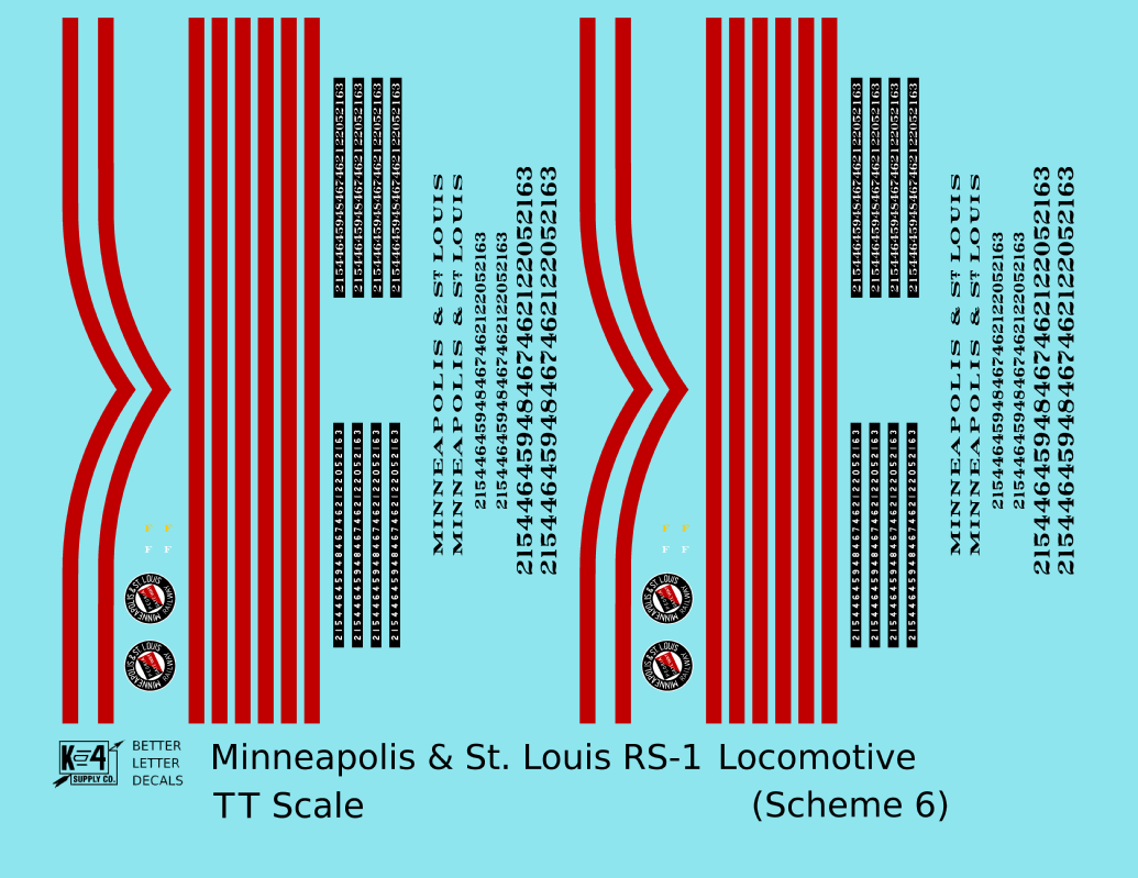 Minneapolis and St Louis ALCO RS1 Diesel Locomotive Red Scheme 6, Yellow Loco - Decal - Choose Scale