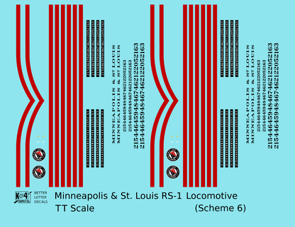 Minneapolis and St Louis ALCO RS1 Diesel Locomotive Red Scheme 6, Yellow Loco - Decal - Choose Scale