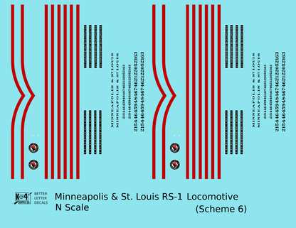 Minneapolis and St Louis ALCO RS1 Diesel Locomotive Red Scheme 6, Yellow Loco - Decal - Choose Scale