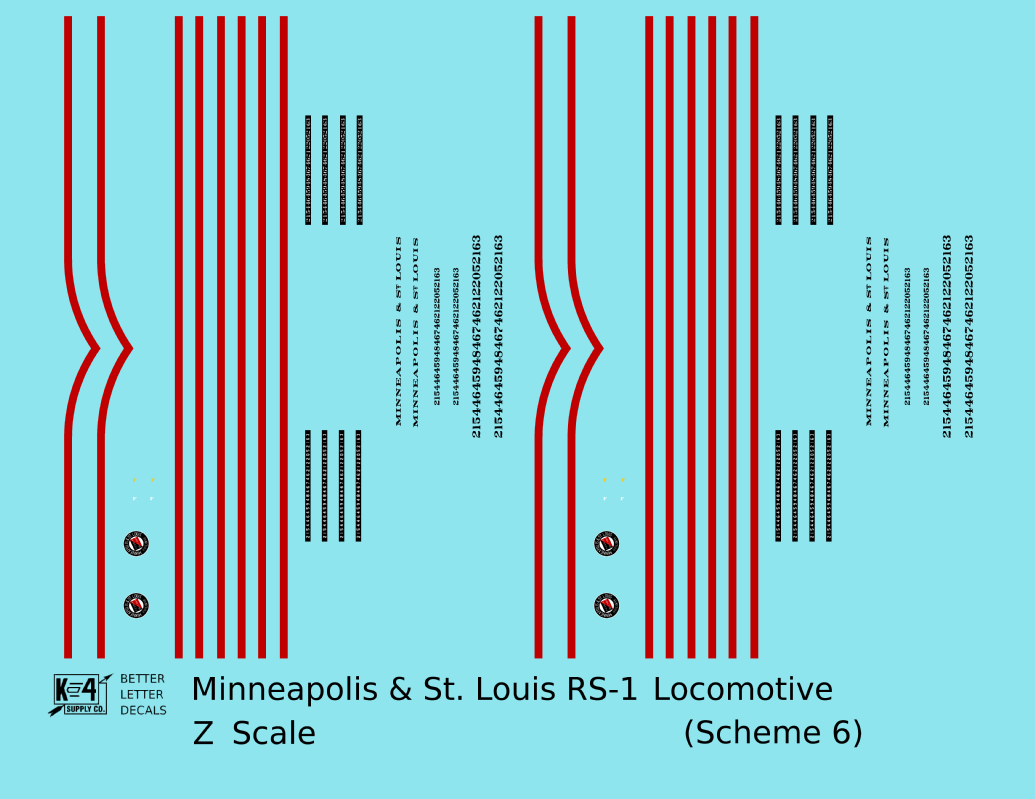 Minneapolis and St Louis ALCO RS1 Diesel Locomotive Red Scheme 6, Yellow Loco - Decal - Choose Scale