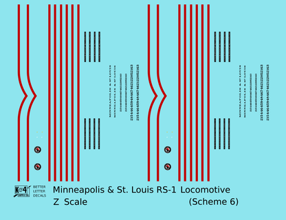 Minneapolis and St Louis ALCO RS1 Diesel Locomotive Red Scheme 6, Yellow Loco - Decal - Choose Scale