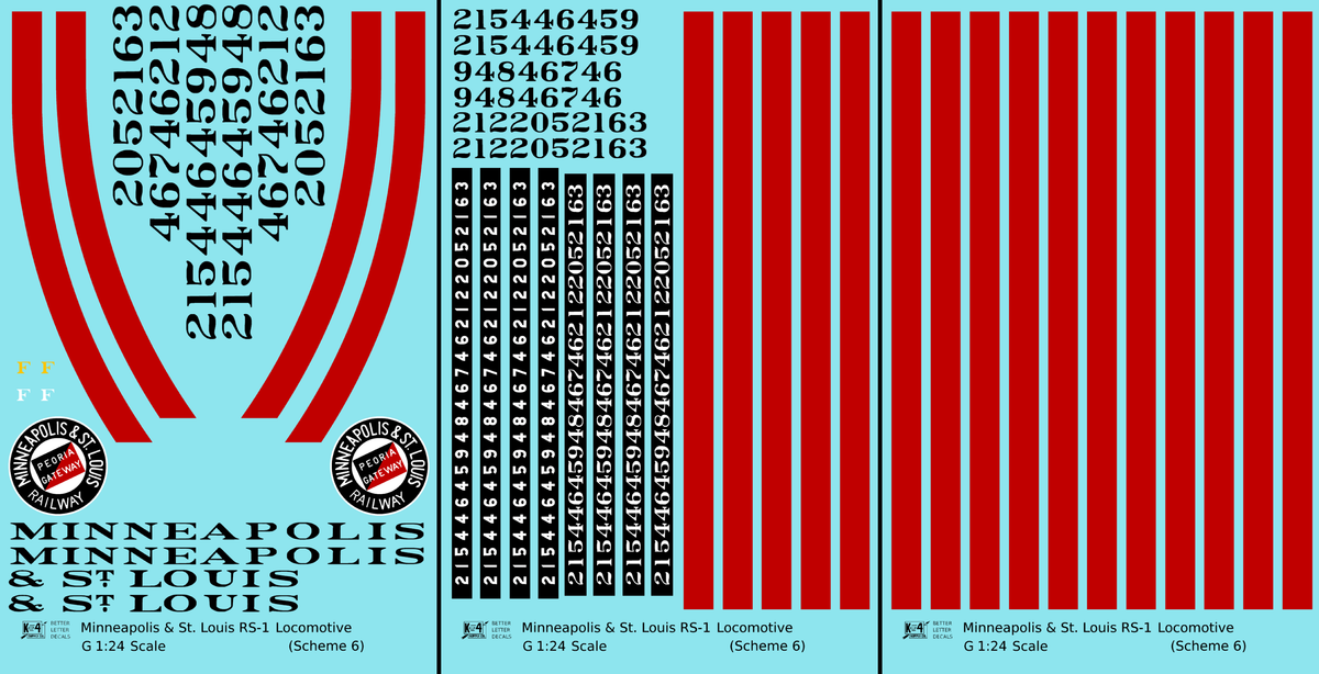 Minneapolis and St Louis ALCO RS1 Diesel Locomotive Red Scheme 6, Yellow Loco - Decal - Choose Scale