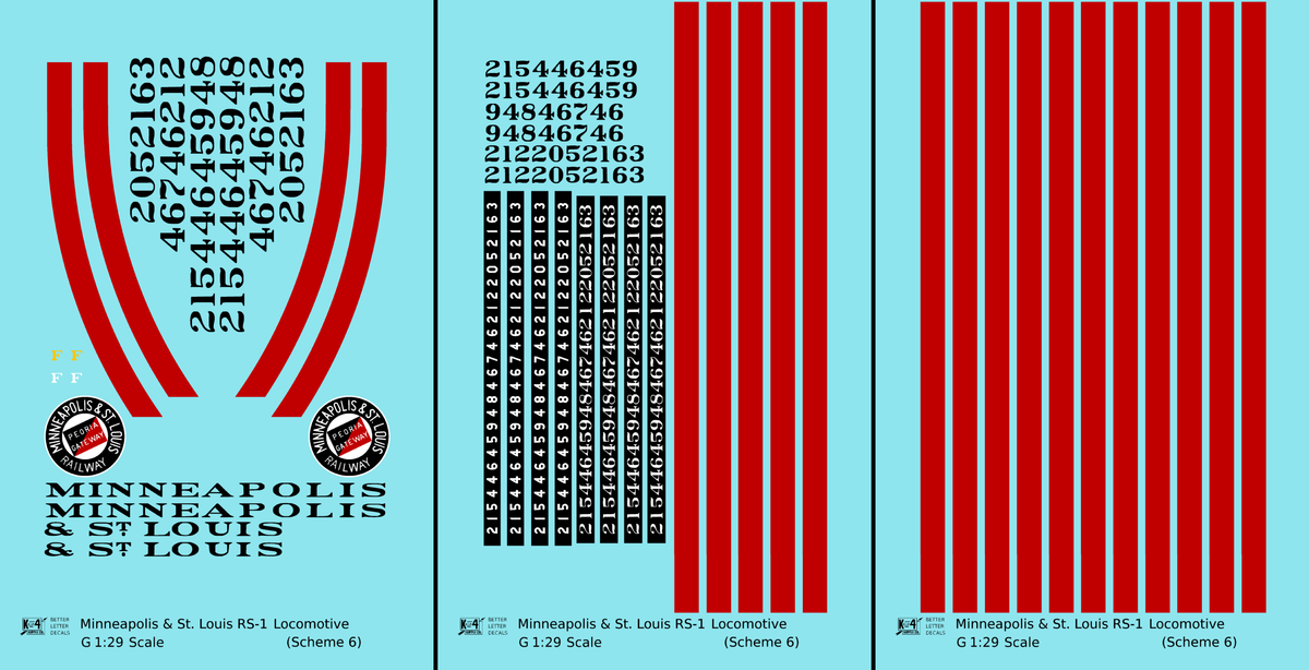 Minneapolis and St Louis ALCO RS1 Diesel Locomotive Red Scheme 6, Yellow Loco - Decal - Choose Scale
