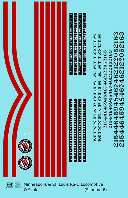 Minneapolis and St Louis ALCO RS1 Diesel Locomotive Red Scheme 6, Yellow Loco - Decal Sheet