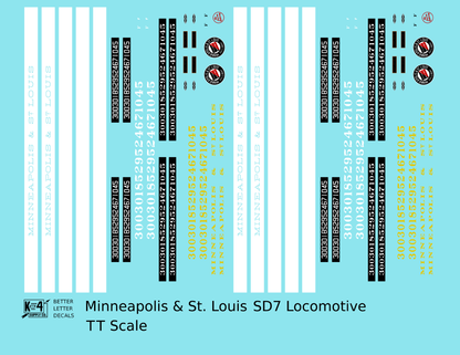 Minneapolis and St Louis EMD SD7 Diesel Locomotive  Both Schemes - Decal - Choose Scale