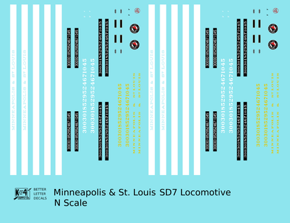 Minneapolis and St Louis EMD SD7 Diesel Locomotive  Both Schemes - Decal - Choose Scale