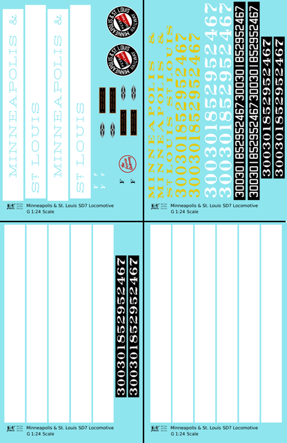 Minneapolis and St Louis EMD SD7 Diesel Locomotive  Both Schemes - Decal - Choose Scale