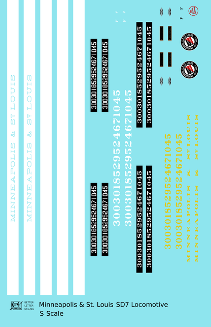 Minneapolis and St Louis EMD SD7 Diesel Locomotive  Both Schemes - Decal - Choose Scale