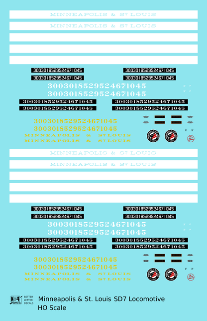 Minneapolis and St Louis EMD SD7 Diesel Locomotive  Both Schemes - Decal - Choose Scale