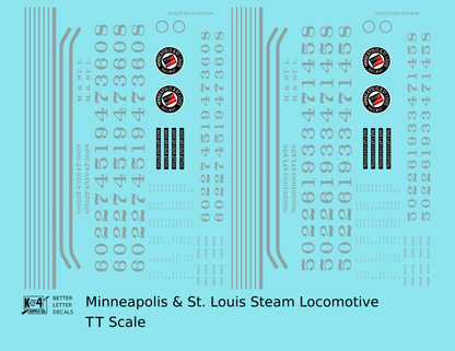 Minneapolis and St Louis Steam Locomotive Aluminum Later Aluminum, Herald Schemes - Decal - Choose Scale