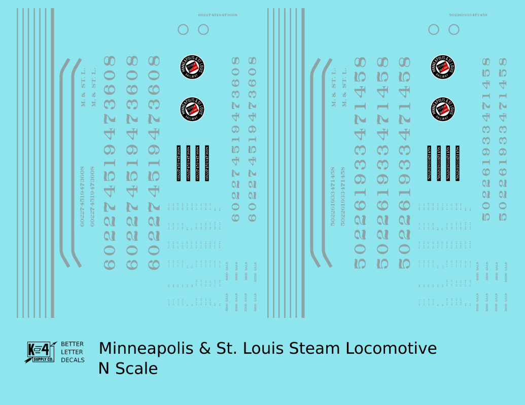 Minneapolis and St Louis Steam Locomotive Aluminum Later Aluminum, Herald Schemes - Decal - Choose Scale