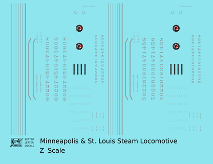 Minneapolis and St Louis Steam Locomotive Aluminum Later Aluminum, Herald Schemes - Decal - Choose Scale