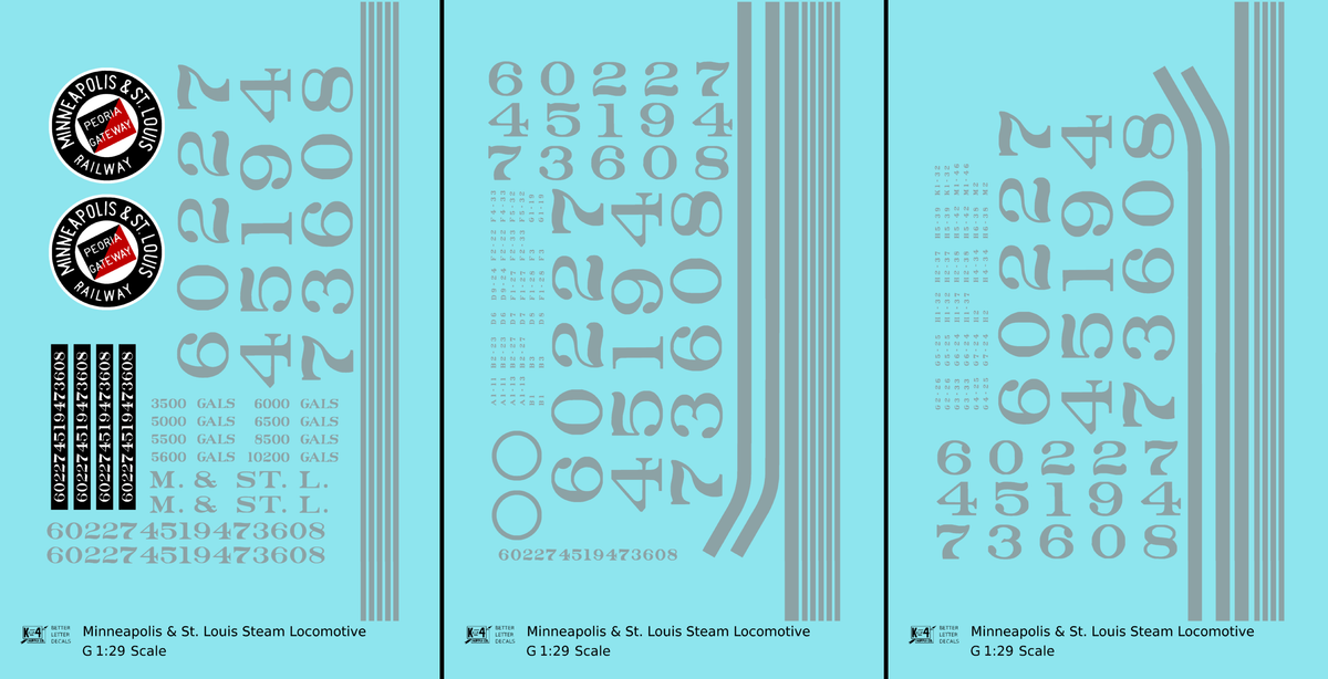 Minneapolis and St Louis Steam Locomotive Aluminum Later Aluminum, Herald Schemes - Decal - Choose Scale